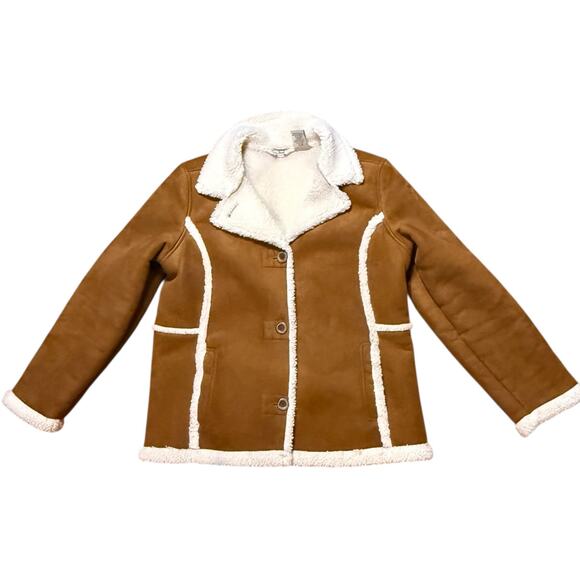 VTG L.L.Bean Faux Suede Shearling Jacket Womens Brown White Button Up Size L - Picture 4 of 9